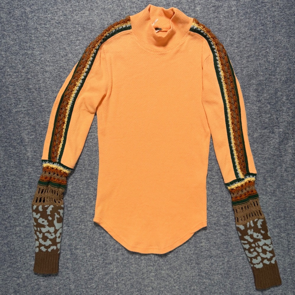 Free People Mic It Up Thermal Crochet Sleeve Waffle Thermal Mock Neck Orange XS